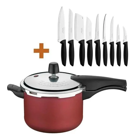 Panela Pressão 4,5 Vermelha + Conjunto Facas 9pç Tramontina