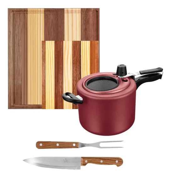 Panela Pressão Visor Fechamento Interno + Garfo Faca 2 Tábua