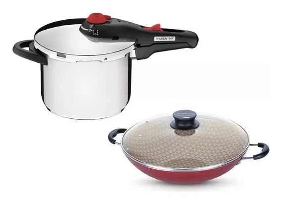 Panela Pressão 6l Solar + Panela Wok 36cm Verm Tramontina
